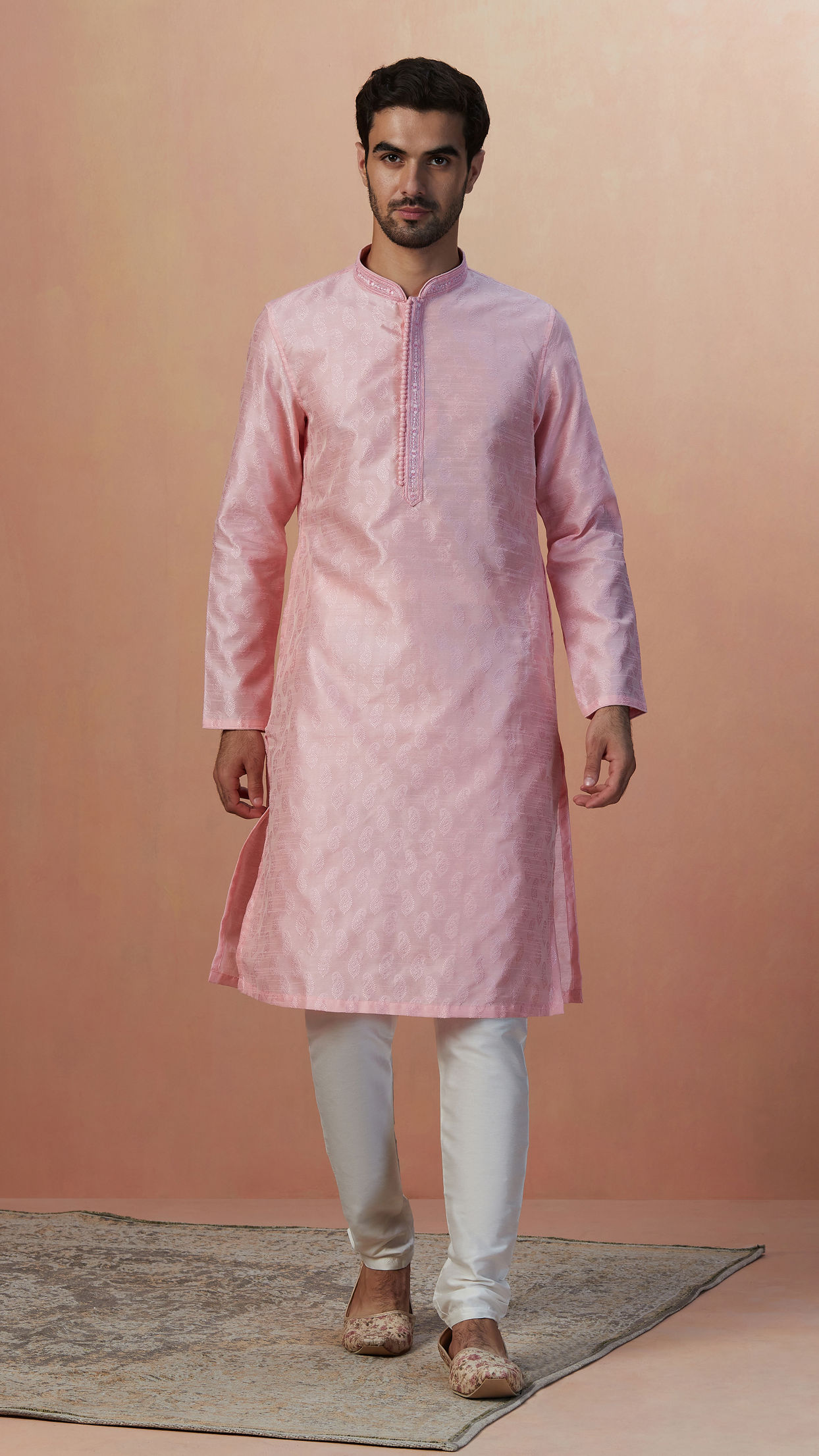 Pink Paisley Self Design Kurta Pajama image number 1